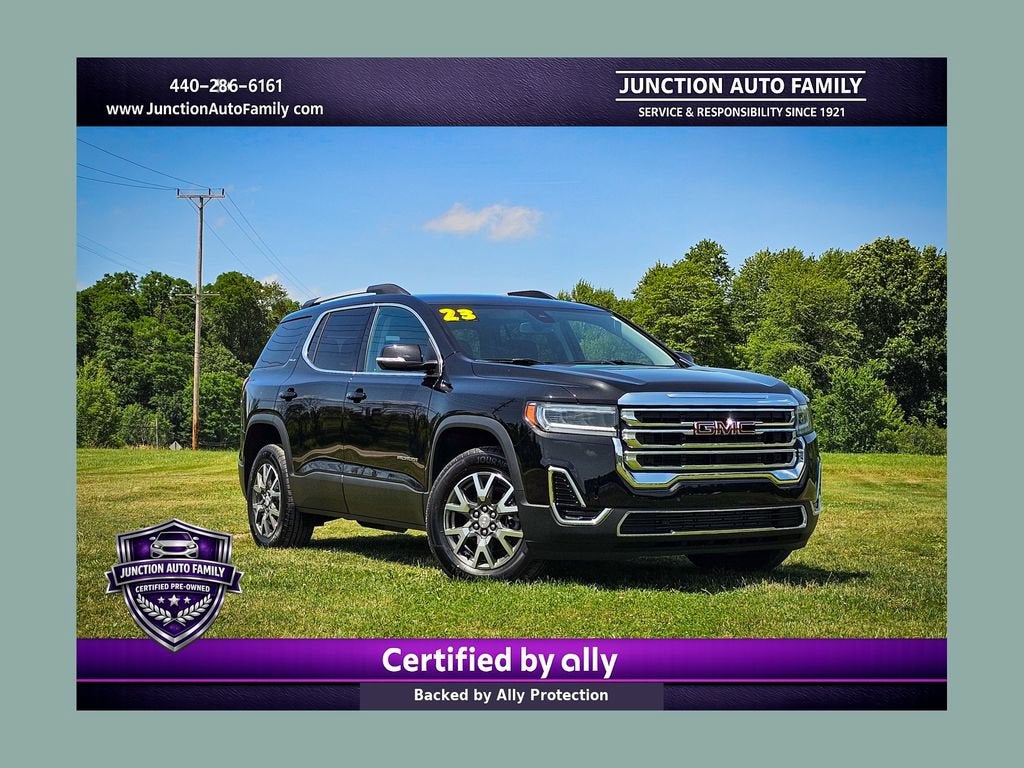 2023 GMC Acadia SLE in Ebony Twilight Metallic — front three-quarter view