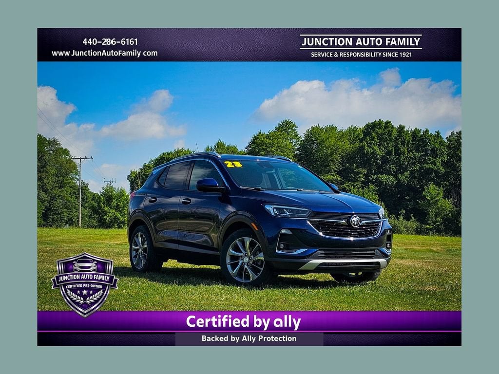 2023 Buick Encore GX Essence in Sapphire Metallic — front three-quarter view