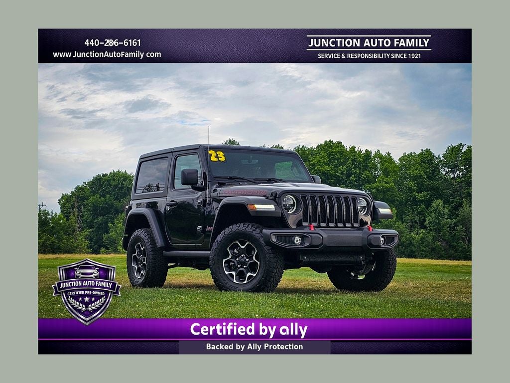2023 Jeep Wrangler 2-Door Rubicon 4x4 in Black Clearcoat — front three-quarter view