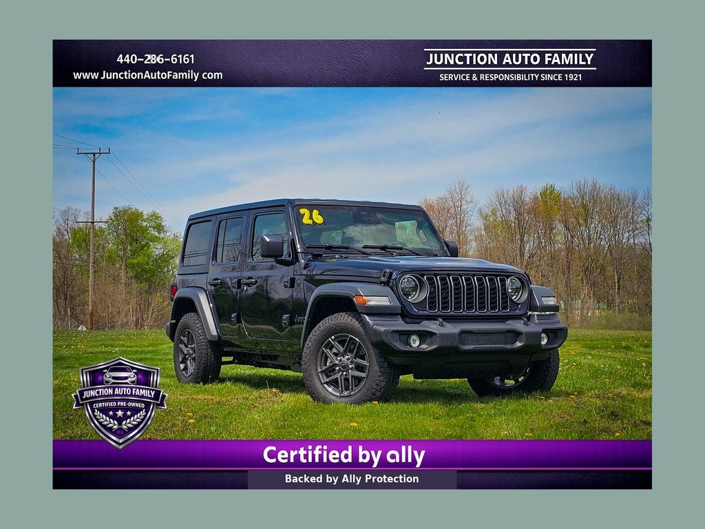 2026 Jeep Wrangler 4-Door Sport S 4x4 in Black Clearcoat — front three-quarter view