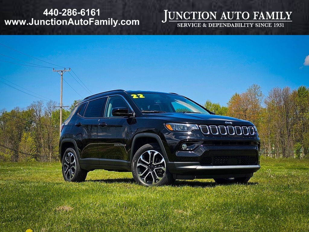 2022 Jeep Compass Limited 4x4 in Diamond Black Crystal Pearlcoat — front three-quarter view