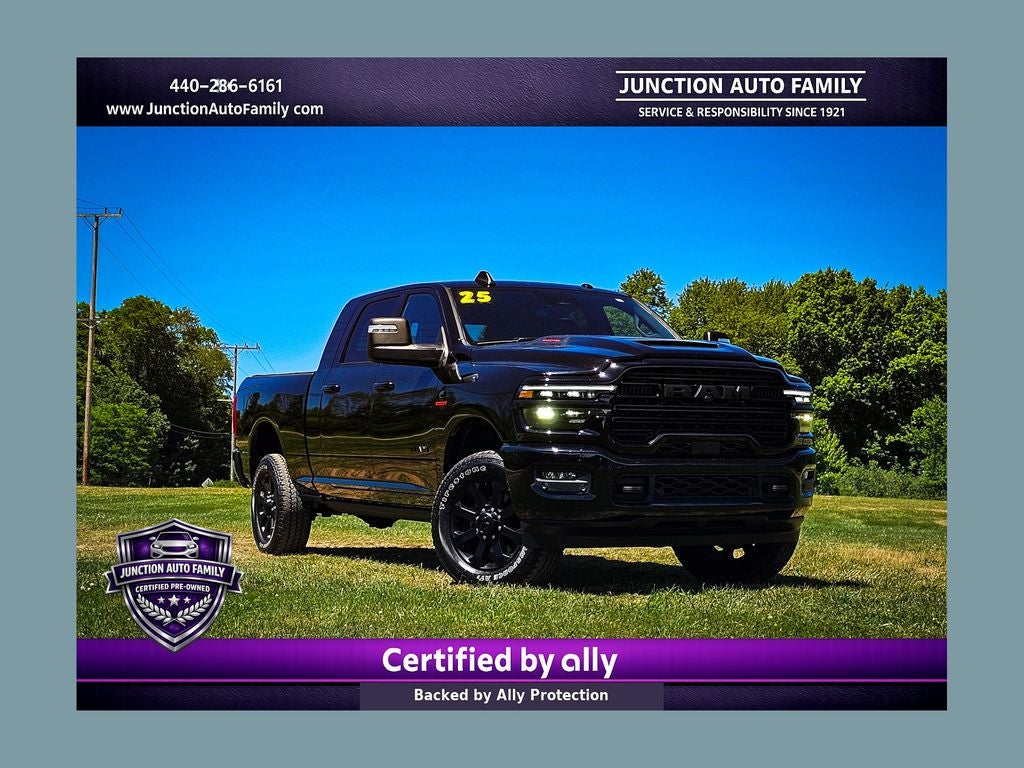 2025 RAM 2500 Laramie Mega Cab 4x4 6'4' Box in Diamond Black Crystal Pearlcoat — front three-quarter view